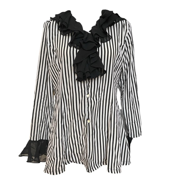 Woman's Black and White Striped Button Down Ruffled Sleeves & Collar Shirt - Picture 1 of 7